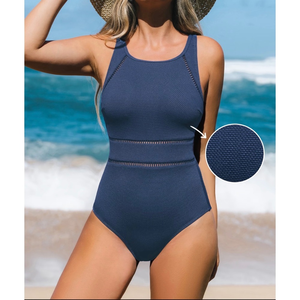 CupShe One Piece Swimsuit Women Medium Navy Blue NWT Textured Tummy Control $58